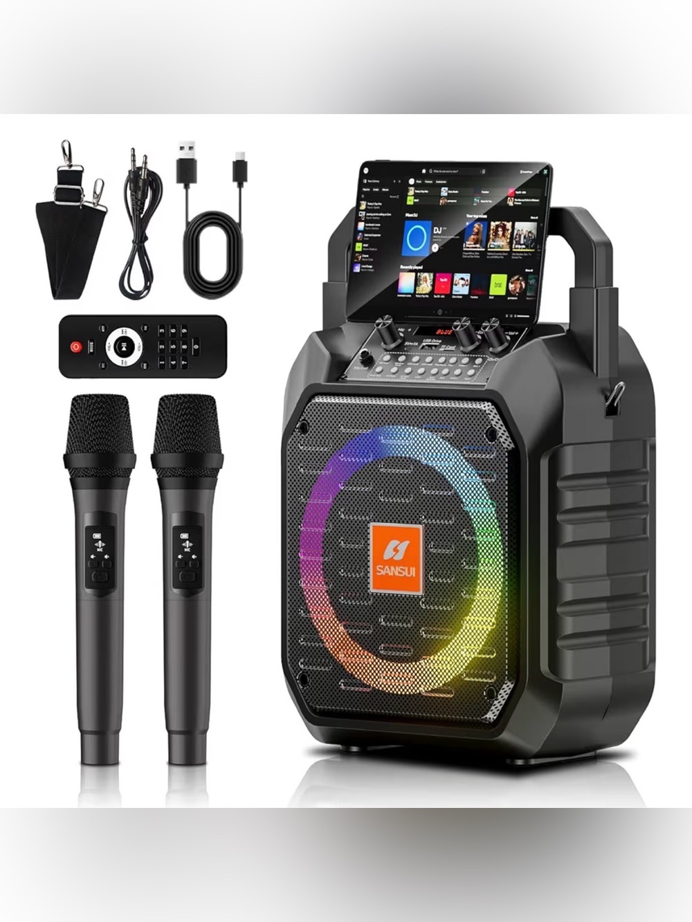 Karaoke Machine, Portable Bluetooth PA Speaker with 2 Wireless Microphones New